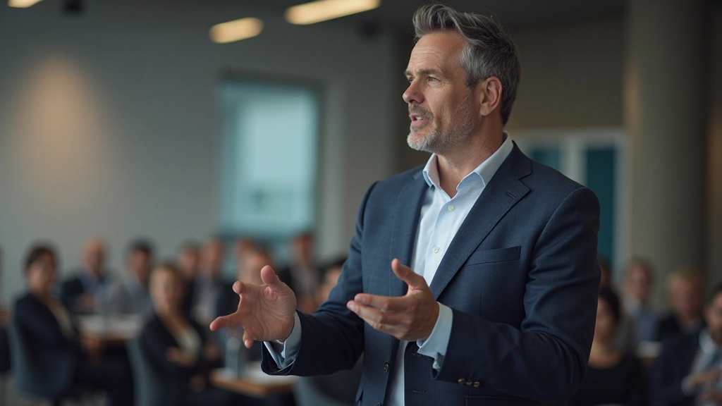 Mann spricht selbstbewusst vor einer Gruppe in einem modernen Konferenzraum mit Blickkontakt zum Publikum