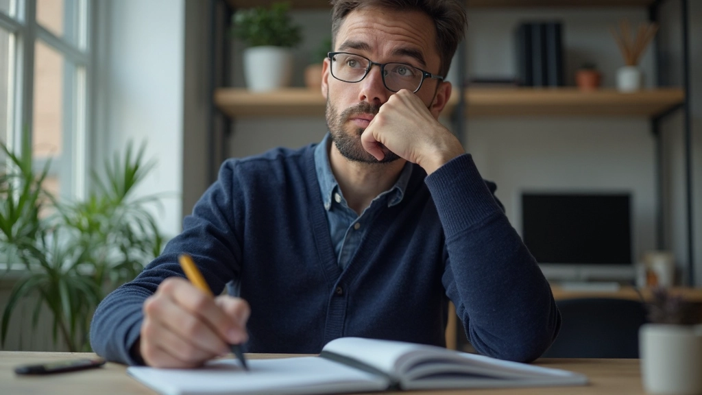Person schreibt Notizen während eines konstruktiven Gesprächs, konzentrierter Ausdruck, ruhige Arbeitsumgebung