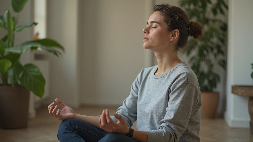 Person sitzt entspannt in einer ruhigen Umgebung und praktiziert bewusste Atemtechnik mit geschlossenen Augen
