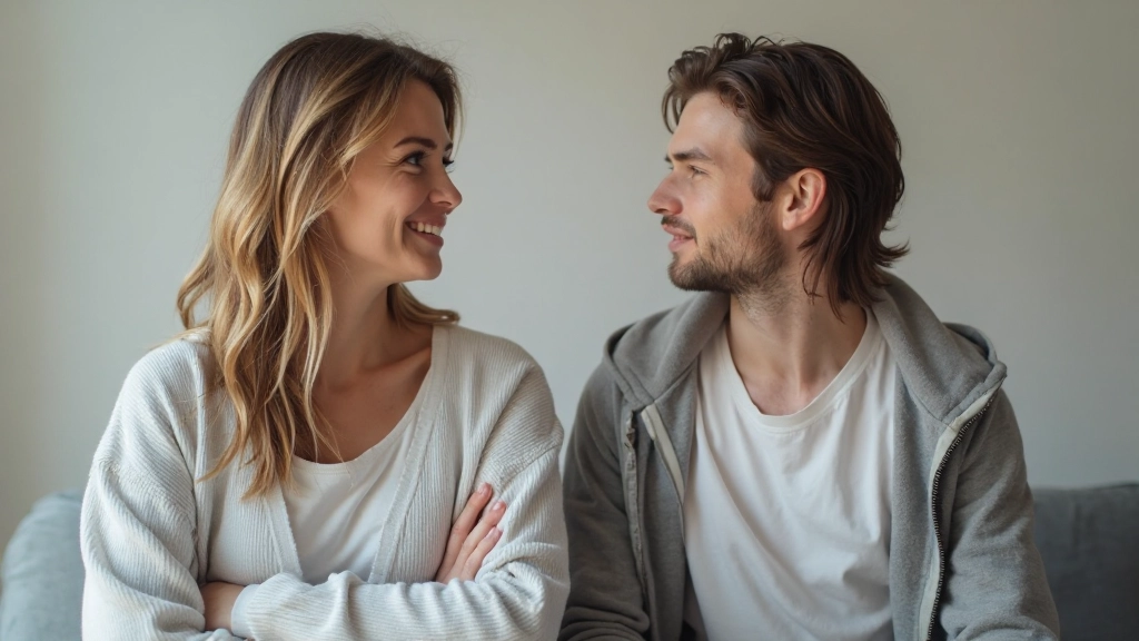 Zwei Menschen sprechen ruhig miteinander, sitzen sich gegenüber mit entspannter Körpersprache in heller Umgebung