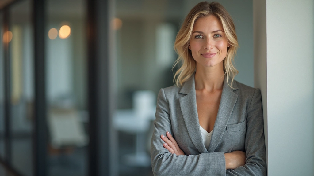 Frau steht aufrecht mit offener Körperhaltung, Schultern zurück und selbstbewusstem Gesichtsausdruck in einem professionellen Setting