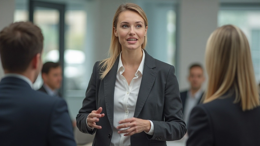 Frau präsentiert selbstbewusst vor Kollegen in einem hellen Büroraum mit professionellem Auftreten