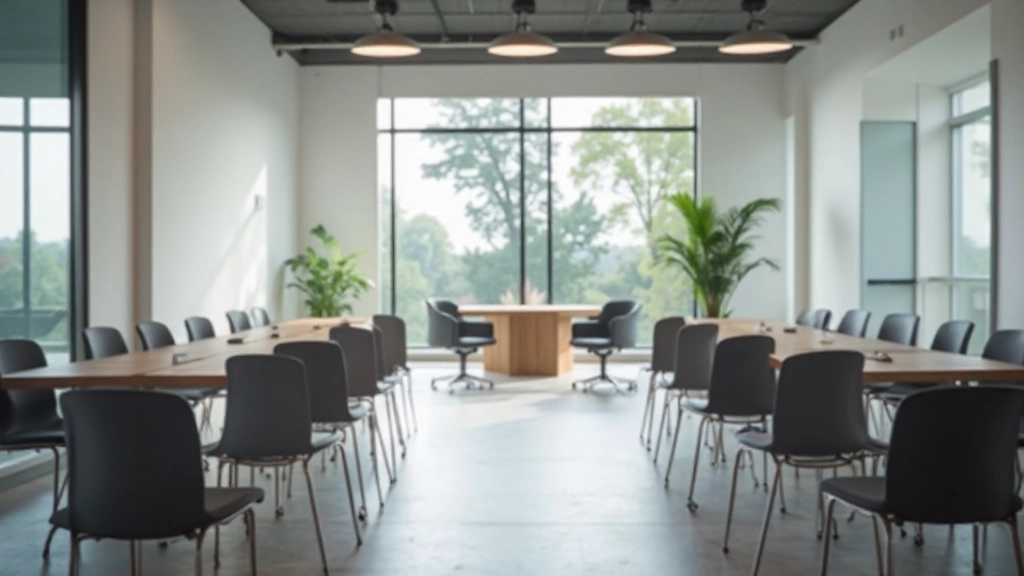 Modernes Schulungszentrum mit heller Beleuchtung und professioneller Ausstattung, leerer Konferenzraum mit Stühlen