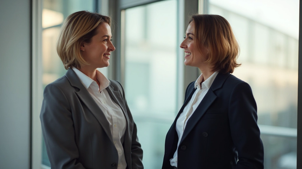 Zwei Fachleute in einem Bürogespräch, aufmerksam zuhörend, offene Körpersprache, professionelle Kleidung, heller Raum
