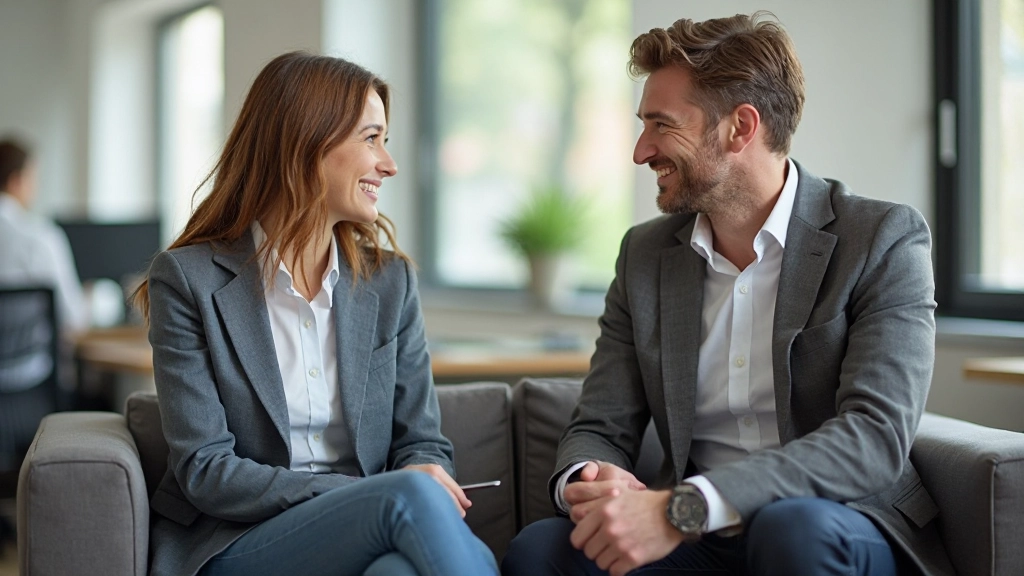Zwei Personen in einem ruhigen Gespräch mit offener Körpersprache und freundlichem Gesichtsausdruck