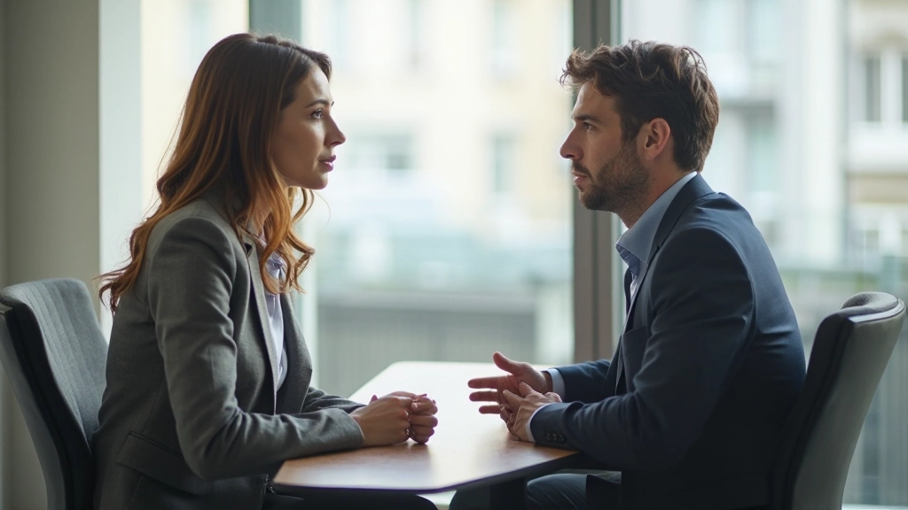 Zwei Personen in einem professionellen Gespräch in einem hellen Büro, sitzend und blickend aufeinander